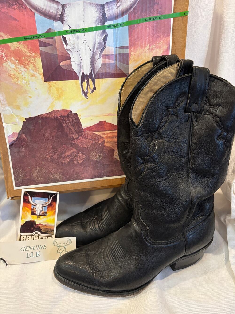Abilene Men's Black Leather Elk Hide Cowboy Boots US Size 9 D